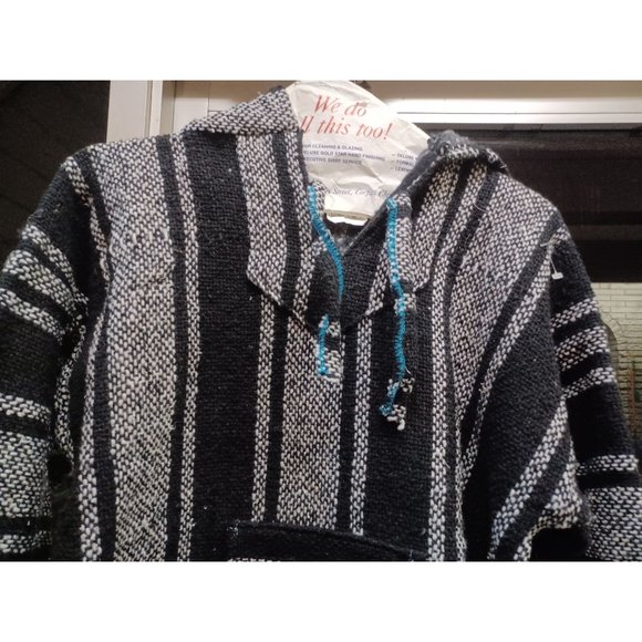 Vel-Mex Hooded Baja Boho Hippie Pullover Sweater Small Black & White Stripes - Picture 2 of 4